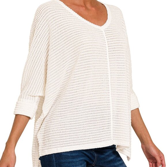 Tops - B98 3/4 Sleeve V-neck Hi-low Hem Jacquard Sweater Ivory Plus Size NEW